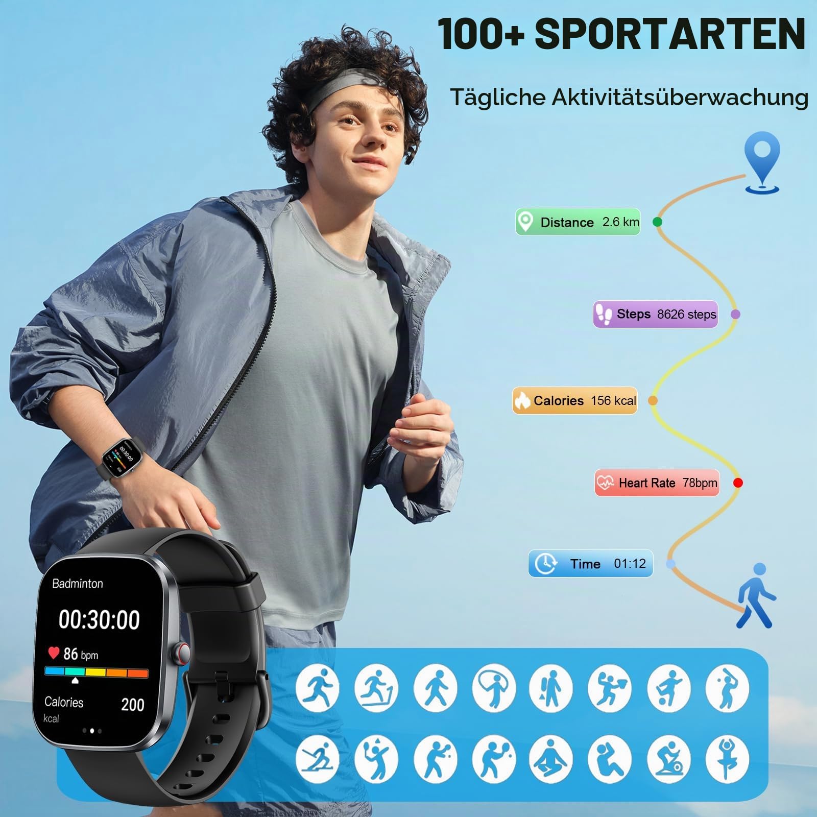 Smartwatch Herren Damen, 1.91''HD Fitnessuhr Sportuhr mit Bluetooth Anrufe 4
