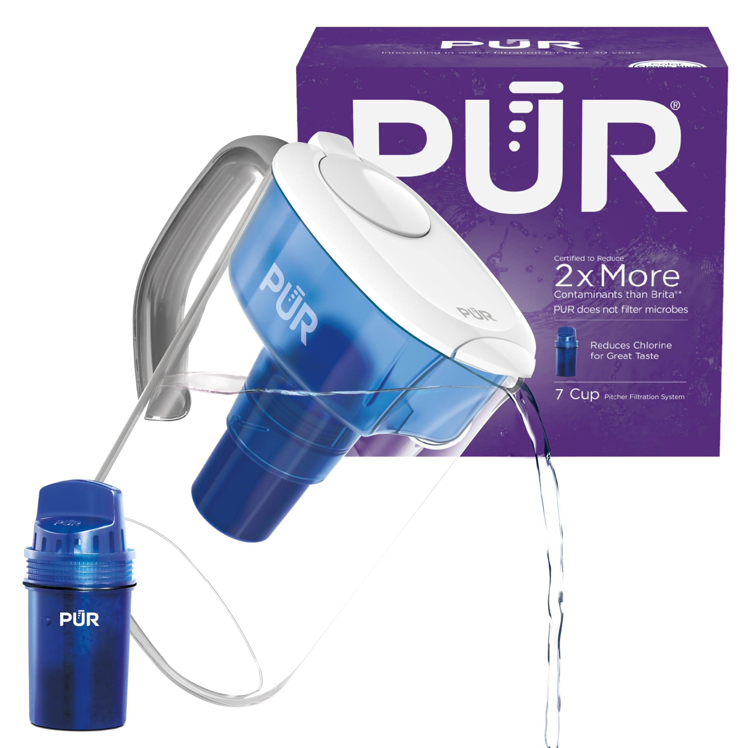 Photo 1 of PUR 7-Cup Pitcher Water Filter with 1 Genuine PUR Filter- Small Capacity, 2-in-1 Powerful, Faster Filtration, Lasts 2 Months or 40 Gallons, Dishwasher Safe, White/Blue (PPT700W)