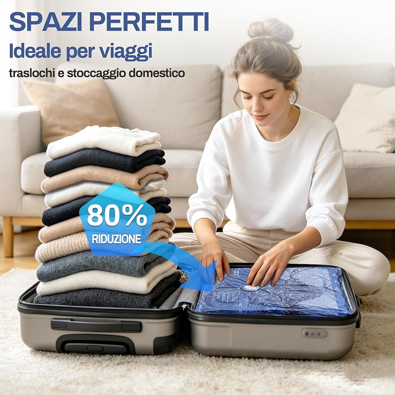 Sacchetti Sottovuoto Vestiti con Pompa Elettrica, contenenti 16 Sacchetti Sottovuoto (3 * 74x54 cm, 5 * 64x47 cm, 8 * 54x40 cm), Ldeali per viaggi, Traslochi e Conservazione