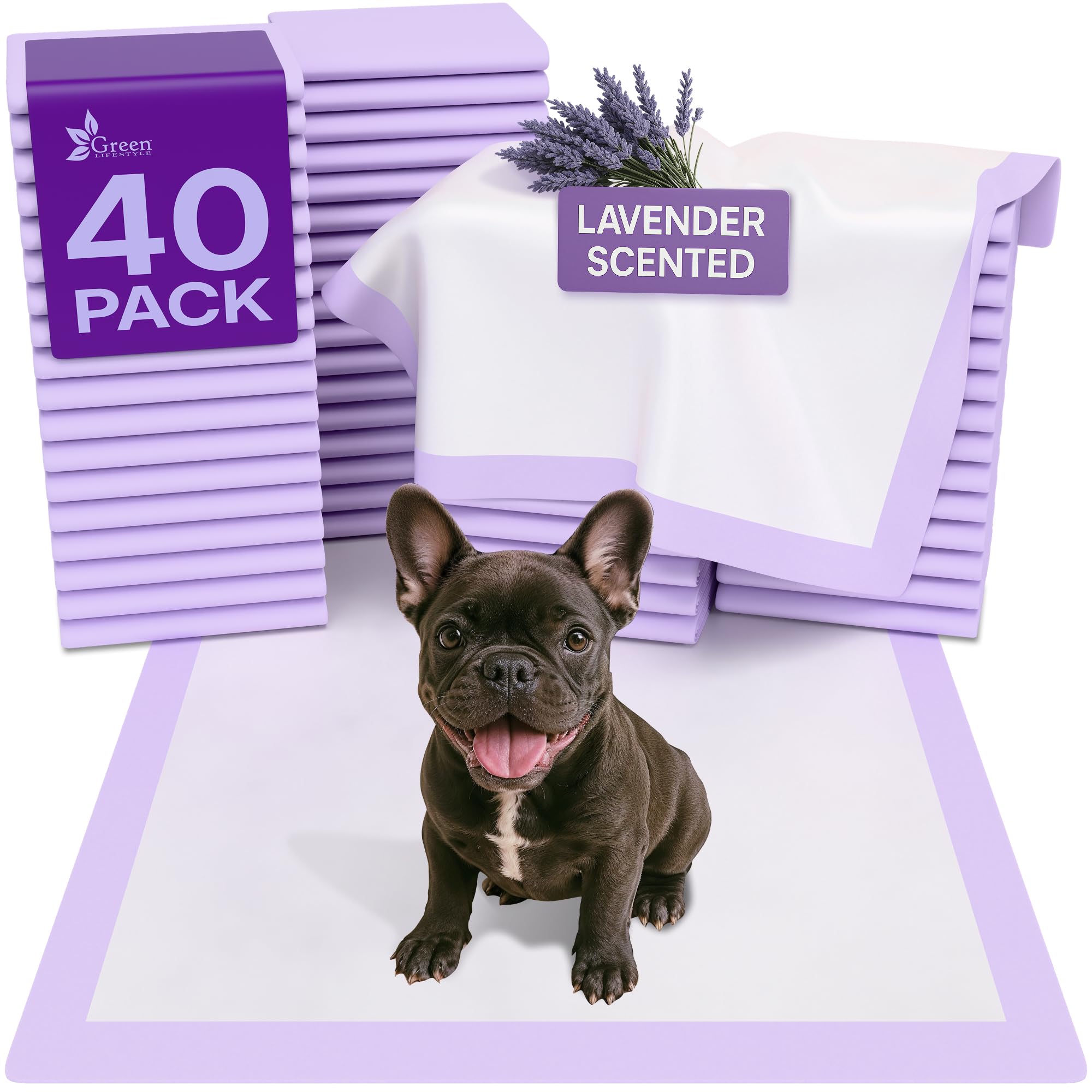 Photo 1 of GREEN LIFESTYLE Pee Pads - Super Absorbent & Leak-Proof Pee Pads for Dogs - Puppy Pads - Waterproof Dog Pads, Lavender Scented Dog Training Pads for Cats, Rabbits (Pack of 40 - 22x22)