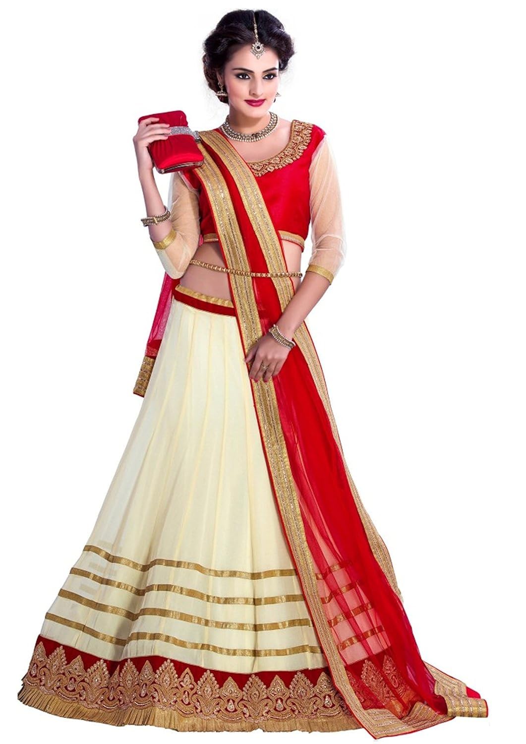 param creation women's off white net lehenga chaniya choli dupatta pc 1112