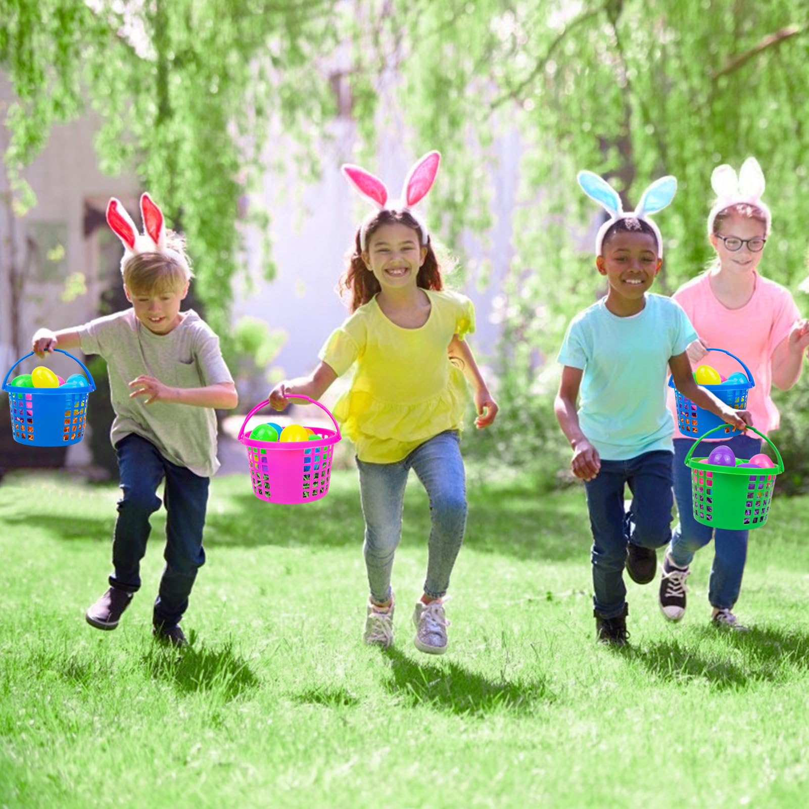 Evoio Easter Baskets for Kids, 24 Pack Plastic Easter Baskets Bulk for Egg Hunts Set, Easter Bucket Bags with 120g Easter Grass for Toddler Classroom Collecting Easter Eggs Party Favor