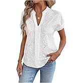 SweatyRocks Women's Boho Summer Blouses Eyelet Embroidery Dolman Short Sleeve V Neck Tops