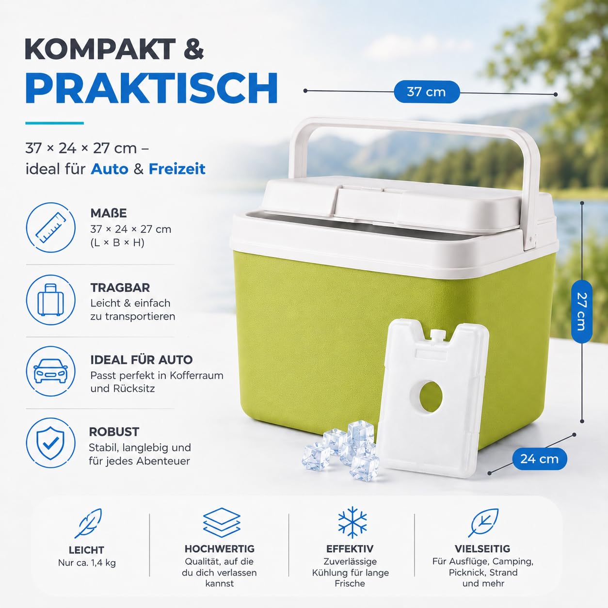 Kühlbox 15 Liter mit mobilen Kühlakku/Kühlelement für extra Lange Kühlung - Kühltasche/Thermobox (Grün) 6