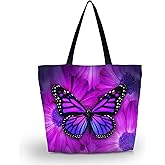 HAPLIVES Tote Bag, Large Lightweight Waterproof Beach Shopping Bag with Zipper, Purple Big Butterfly