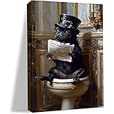 Pug Dog Victorian Gentleman Reading Newspaper on Toilet Whimsical Fine Art Print Poster Giclee Vintage Painting Wall Art 08x10inch Framed