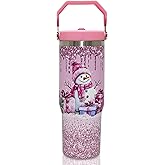 30oz Christmas Tumbler with Handle and Straw, Pink Snowman Insulated Tumbler, Leak Proof Travel Coffee Mug, Reusable Stainless Steel Snowman Tumbler, Christmas Gifts for Women (pink)