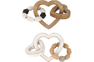 OAKRAIN Rustic Wood Chain Link for Boho Home Decor, Handmade Carved 3 Link Wood Heart Knot & Wood Bead Farmhouse Decor, Natural Rustic Wooden Chain Link for Coffee Table Wood Bowl Decor(2 Pcs, 8.27 inch)