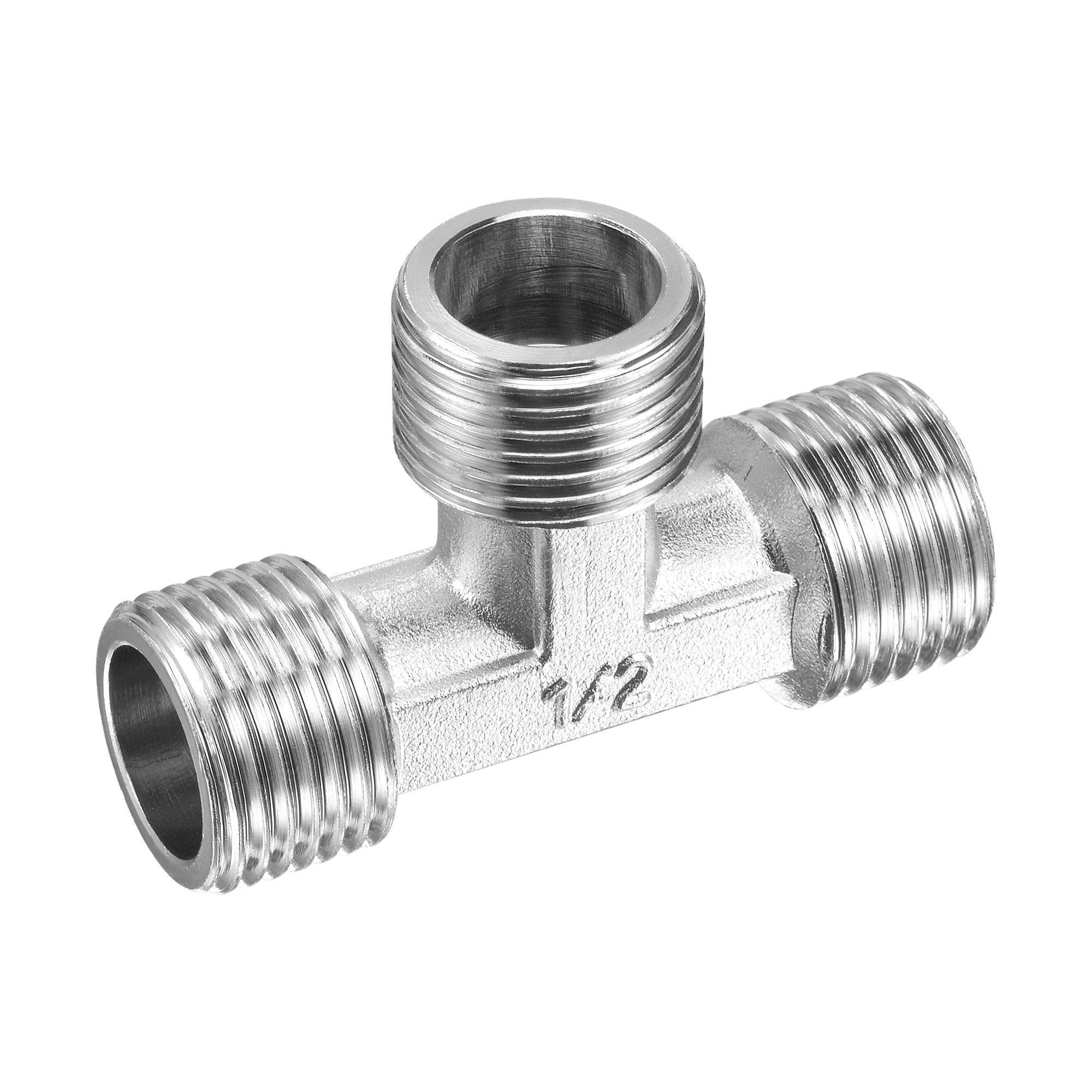 sourcing map Pipe Fitting Tee G1/2 Male Thread 3 Way T Shape Hose Connector Adapter, Nickel-Plated Copper