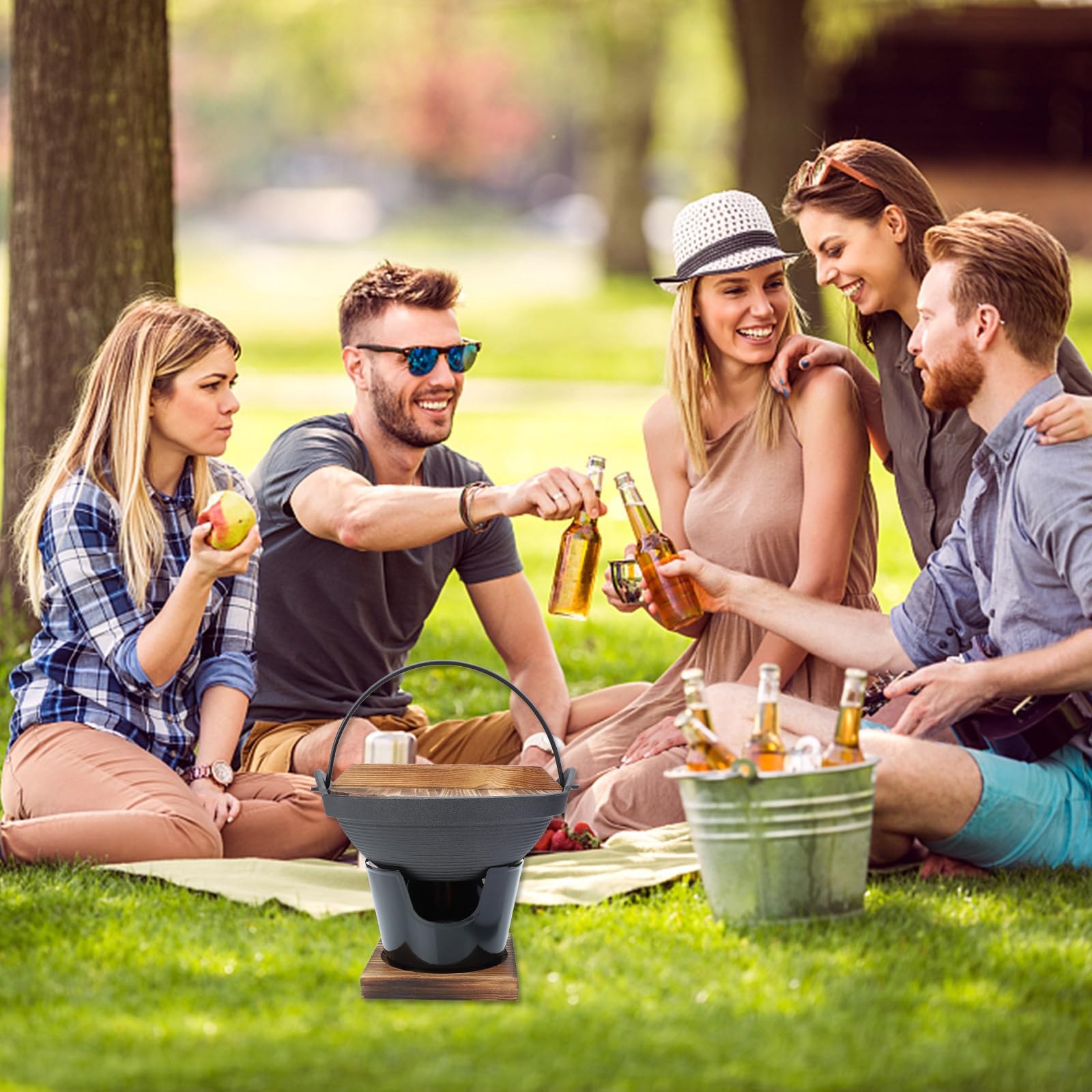 Lurrose Sukiyaki Camping Kochgeschirr Satz aus Gusseisen mit Energiesparender Wärmespeicherung und Ölnebelschutz Praktischer Topf für Picknicks und Outdoor Aktivitäten 5