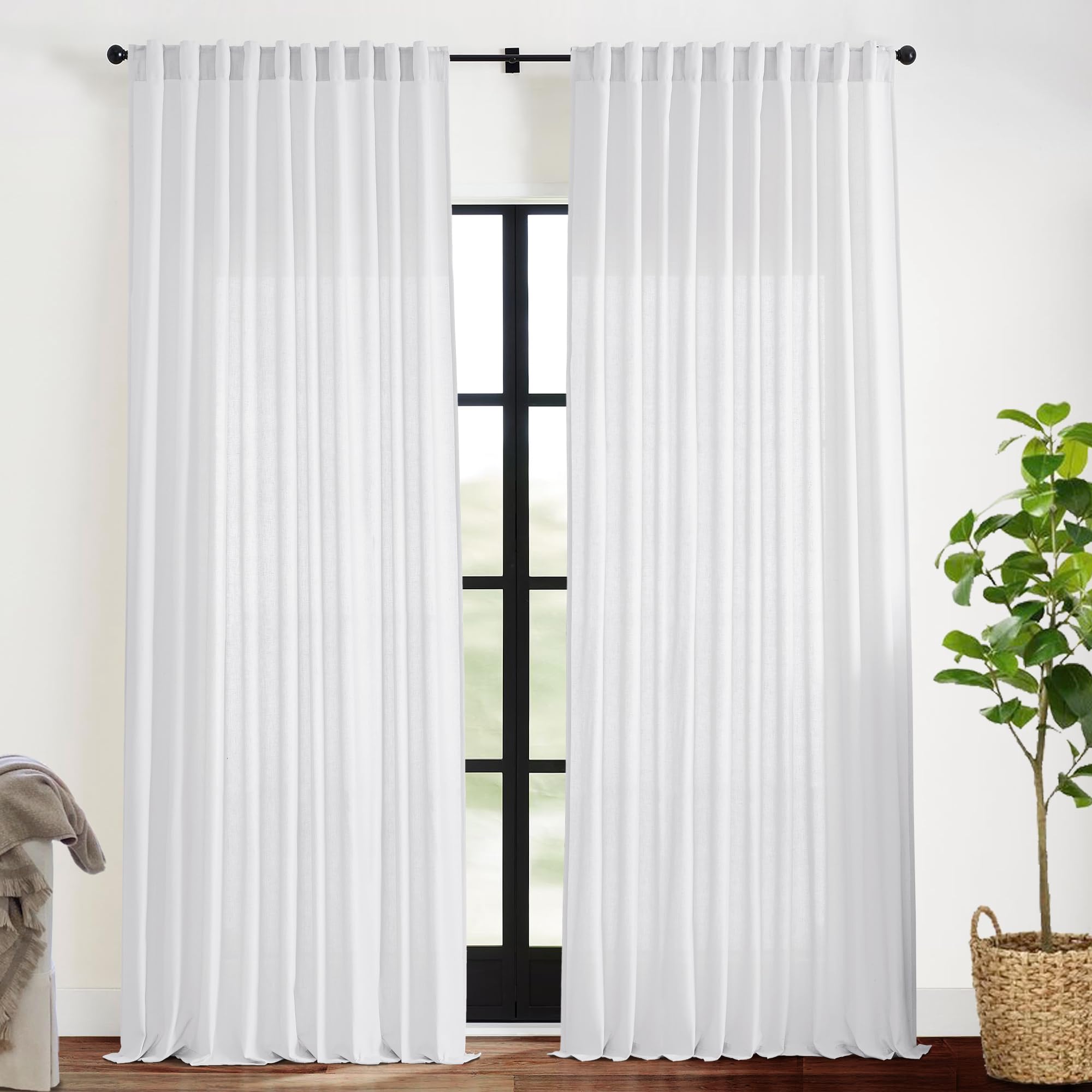 Photo 1 of XTMYI Back Tab/Hook Belt Linen Cotton Sheer Curtains for Bedroom White 2 Panels,70 Inch Wide,102 Inch Length