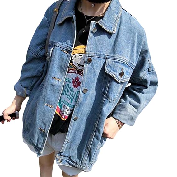 Qitun Damen Jeansjacke Langarm Lose Beiläufige BF Wäsche Jean Jacket Button Down Denim Jacke Mantel