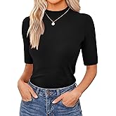 Elesomo Womens Fall Clothes Mock Neck Casual Short Sleeve T Shirts Basic Tee Tops