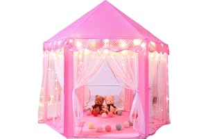 Sumbababy Princess Castle Tent for Girls Fairy Play Tents for Kids Hexagon Playhouse with Fairy Star Lights Toys for Children or Toddlers Indoor or Outdoor Games (Pink)