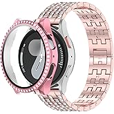QUWAAY Compatible for Samsung Galaxy Watch 7 Band 40mm 44mm with Rhinestone Case, Bling Metal Jewelry Replacement Strap 20mm for Women Men, Protective Cover Compatible with Samsung Watch 7