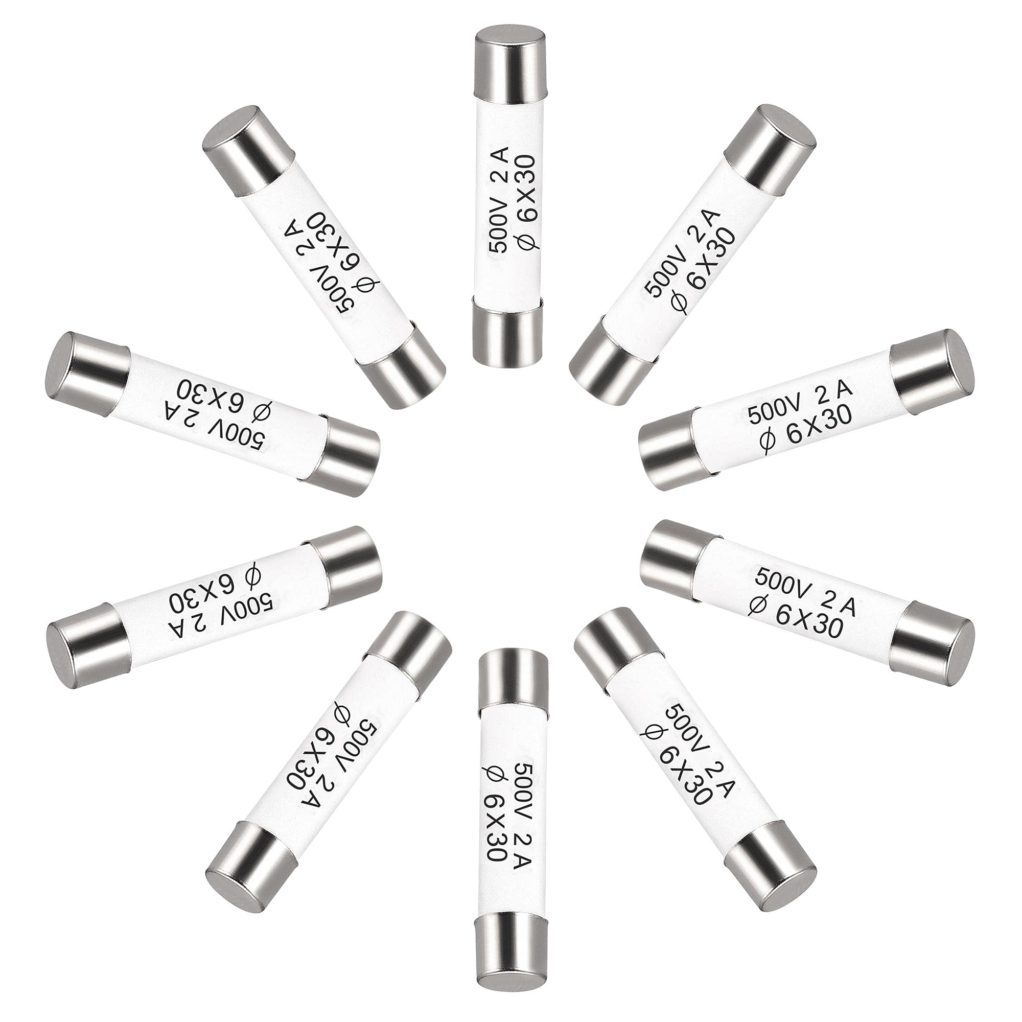 sourcing map Ceramic Cartridge Fuses 2A 500V 6x30mm Ceramic Fuses Fast Blow Replacement for Amplifier Energy Saving Lamp Ballast 10pcs