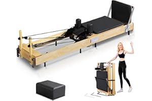 LIUWTUF Pilates Reformer Machine Rubber Wood Pilates Bed Exercise Strength Training Foldable Reformer Equipment for Studio Home Gym Yoga Workout Mute Pilates Chair