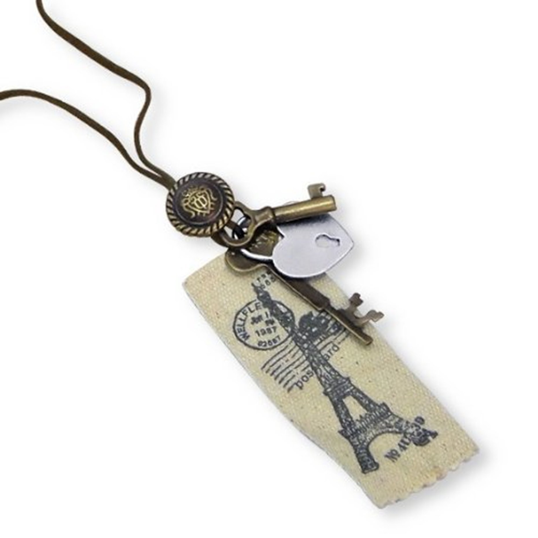 Katy Craig Fashion Charm Gift Necklace - Suede Effect Long String with Paris, Love Heart and Key Pendants