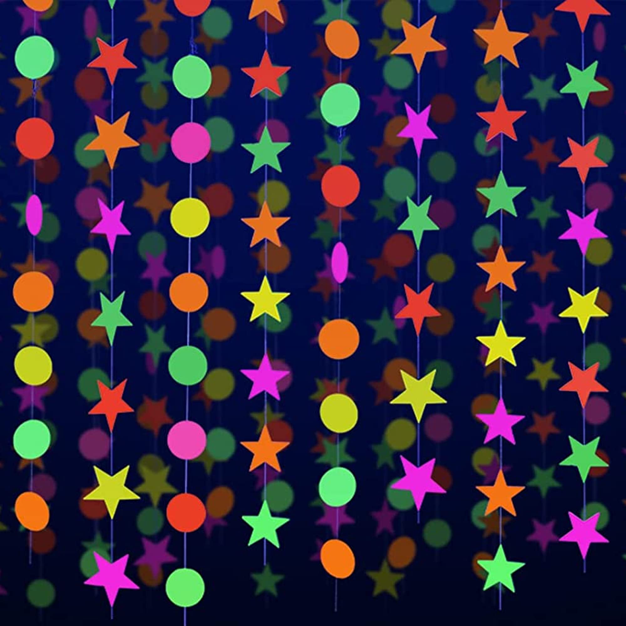 90ft Paper UV Round Neon Garland Stars Streamers Black Light Decorations for Glow Party Supplies and Favors Glow in The Dark