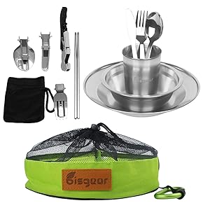 Bisgear 13-34pcs Stainless Steel Tableware Mess Kit Includes Plate Bowl Cup Spoon Fork Knife Chopsticks Carabiner Wine Opener Dishcloth & Mesh Travel Bag for Backpacking & Camping