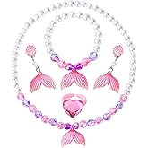 BAOBAOJOY Princess Jewelry for Little Girls, 5 Piece Mermaid Tail Jewelry Set, Stretch Necklace Bracelets Rings and Clip on Earrings, Perfect for Dress Up, Birthday Parties, Costume Play