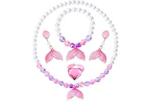 BAOBAOJOY Princess Jewelry for Little Girls, 5 Piece Mermaid Tail Jewelry Set, Stretch Necklace Bracelets Rings and Clip on Earrings, Perfect for Dress Up, Birthday Parties, Costume Play