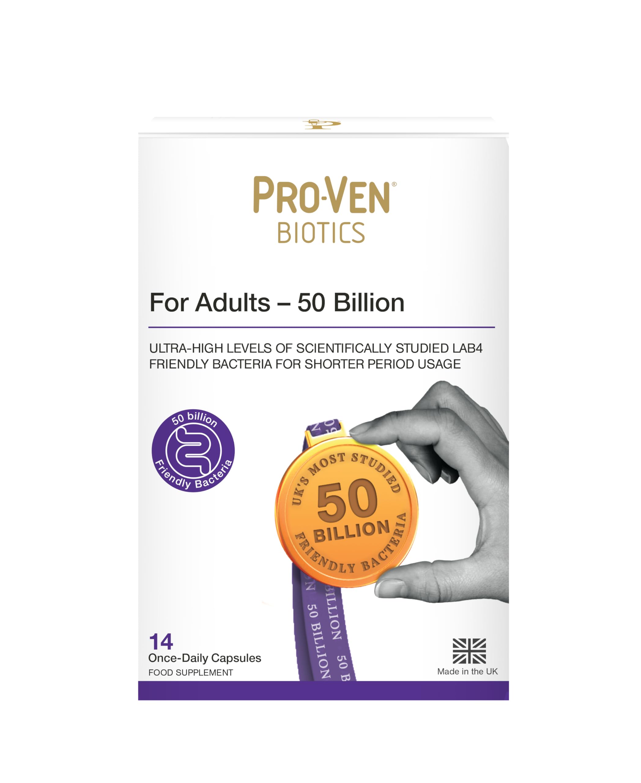 Pro-Ven 50 Billion Probiotics for Adults | Lab4 Friendly Bacteria Short-Term High Strength Support | Multi-Strain Daily Gut Health Formula | 14 Capsules