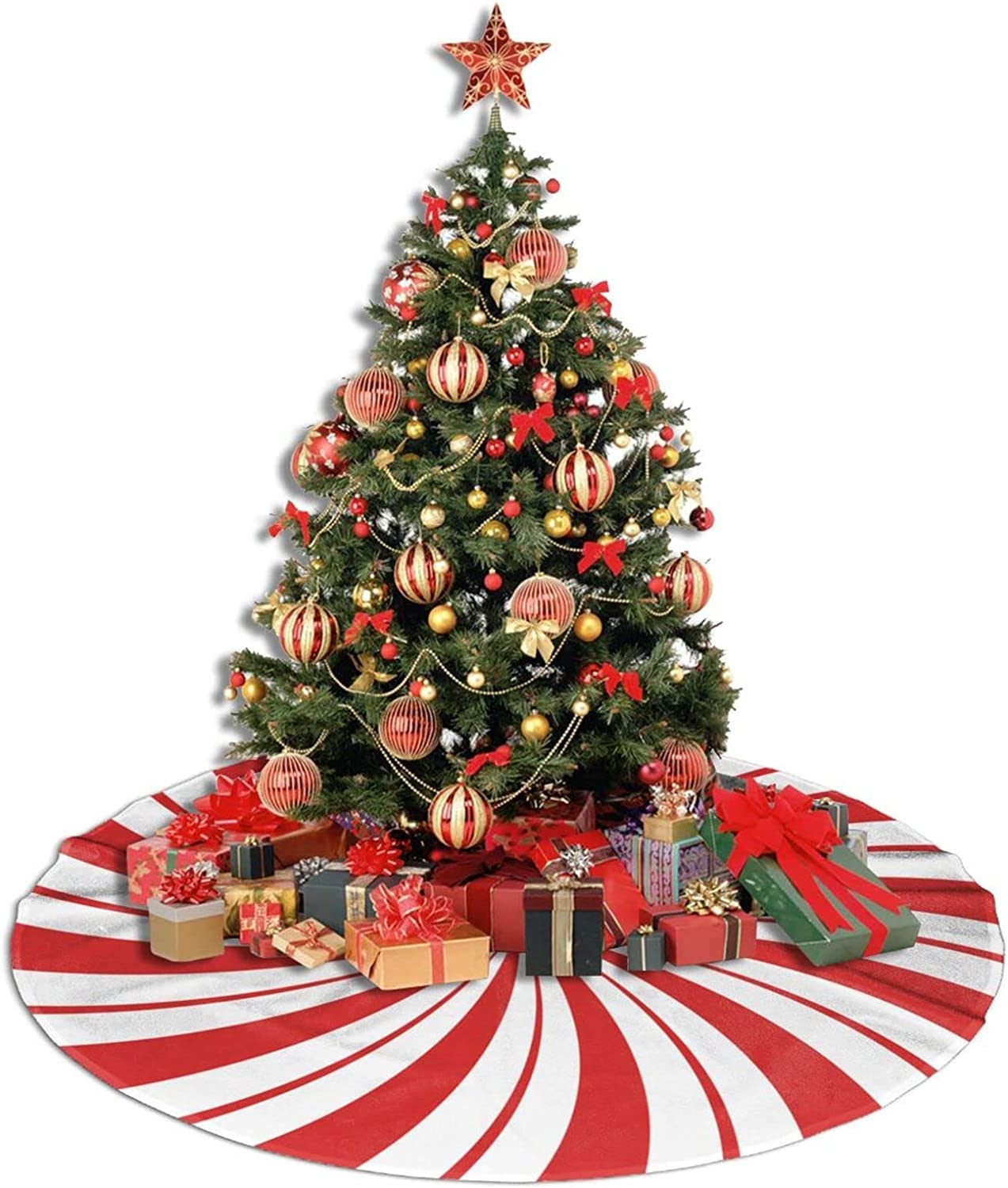 BFYDOAA Lollipop Candy Christmas Tree Skirt 120cm Red White Double Swirl Xmas Tree Mat for Holiday New Year Party Christmas Tree Decor