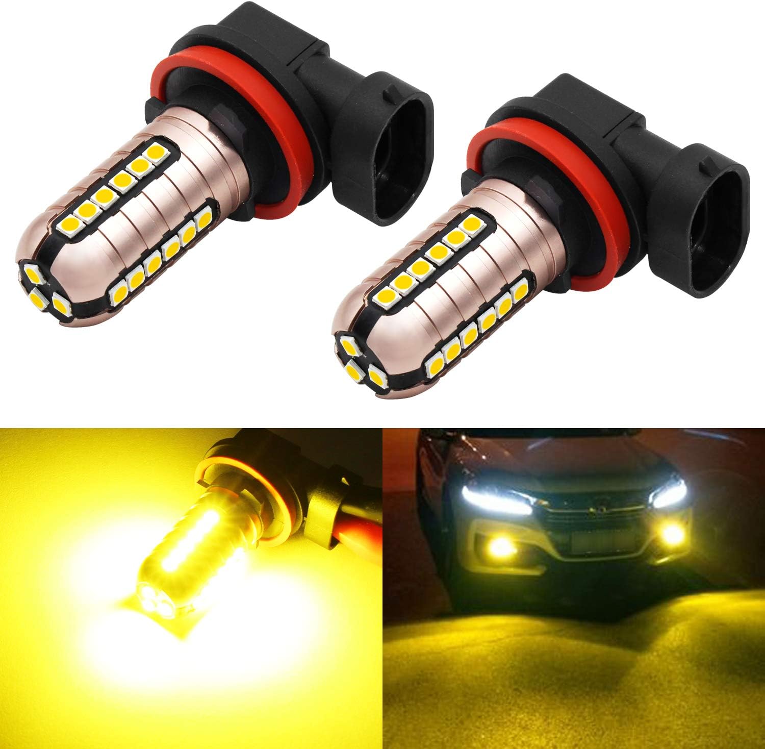 Phinlion 3000 Lumens Golden Yellow H11 LED Fog Light Bulbs Super Bright 3030 27-SMD H8 H16 LED Bulb Replacement for DRL or Fog Lamps, 3000K Yellow