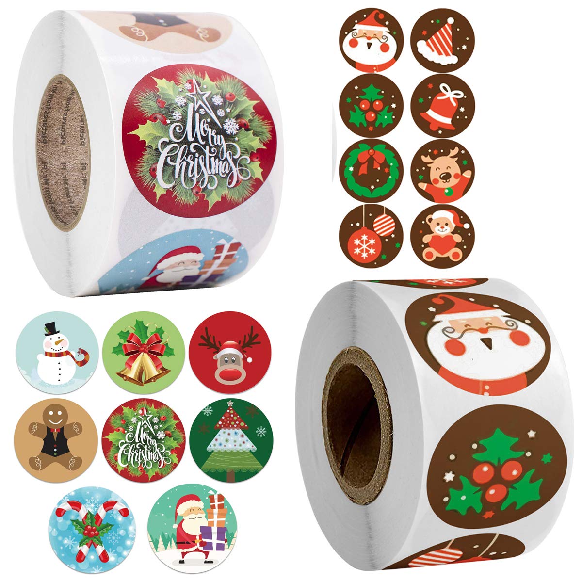 1000Pcs Christmas Kraft Gift Stickers 1.5 Inch+1 Inch Christmas Tree Labels Stickers Gift, Reindeer, Merry Christmas Holiday Tag Stickers for Xmas Decorations, DIY Craft, Scrapbooking