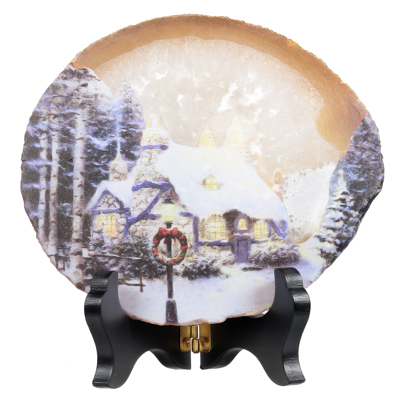 mookaitedecor Winter Snowy Village Art Print Natural Agate Slice Stone Ornament with Wooden Stand for Good Luck Home Office Decor, Healing Crystal Housewarming Gift Christmas Art Deco Decoration