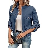 EVALESS Womens Zip Up Jacket Roll Tab Sleeve Flap Pocket Drawstring Hem Utility Lightweight Cropped Jackets