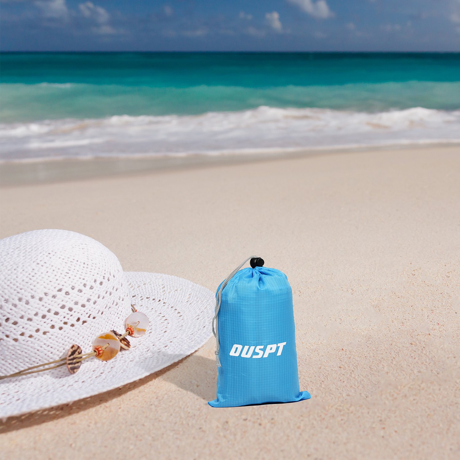 OUSPT Large Beach Blanket Sand Free Beach Mat Built in Sand Anchors & Zippered Valuables Pocket 6.6\' x 6.9\' Pocket Blanket Moisture Resistant Polyester Fast Dry Blue