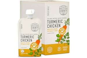 Serenity Kids Bone Broth Puree Made with Organic Veggies - Clean Label Project Purity Awarded Certified Organic Baby Food Pouches - 3.5 Ounce BPA-Free Pouch - Pasture Raised Turmeric Chicken - 6 Count