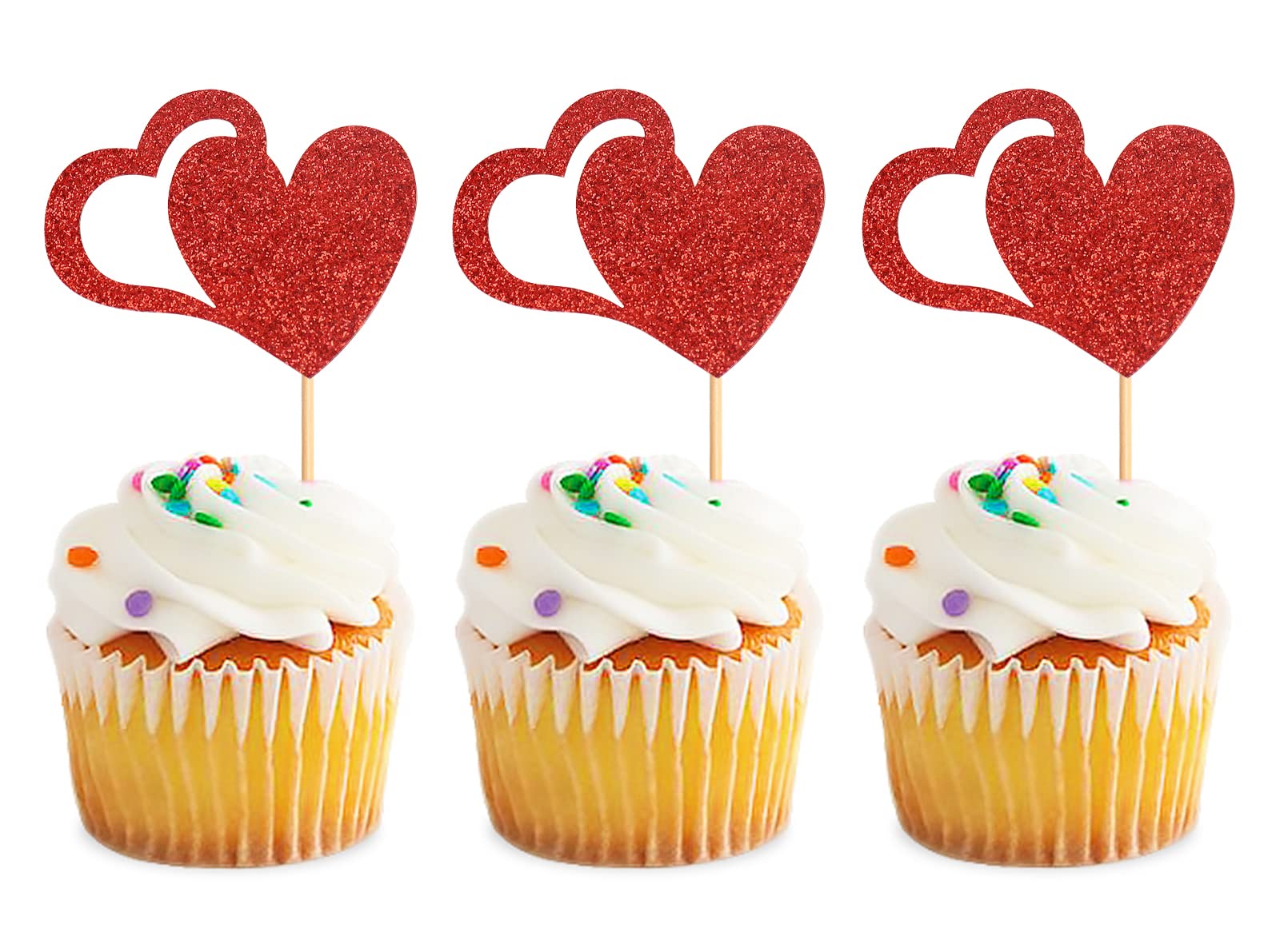 Blumomon 24Pcs Glitter Happy Valentine's Day Cupcake Toppers Cutie Love Heart Cake Decorations for Sweet Love Wedding Engagement Valentine's Day Bridal Shower Party Cake Decors Red