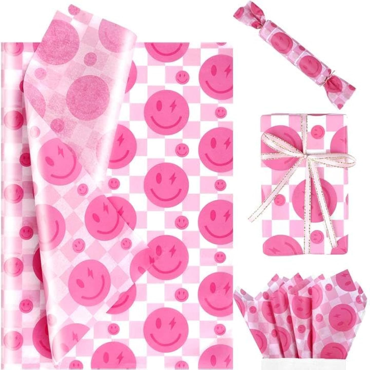 Photo 1 of 100 Sheets 20 * 14 Preppy Tissue Paper Hot Pink Smile Face Pink White Plaid Y2k Gift Wrap Tissue Paper for Gift Bags for Wedding Birthday Preppy Theme Party Decor