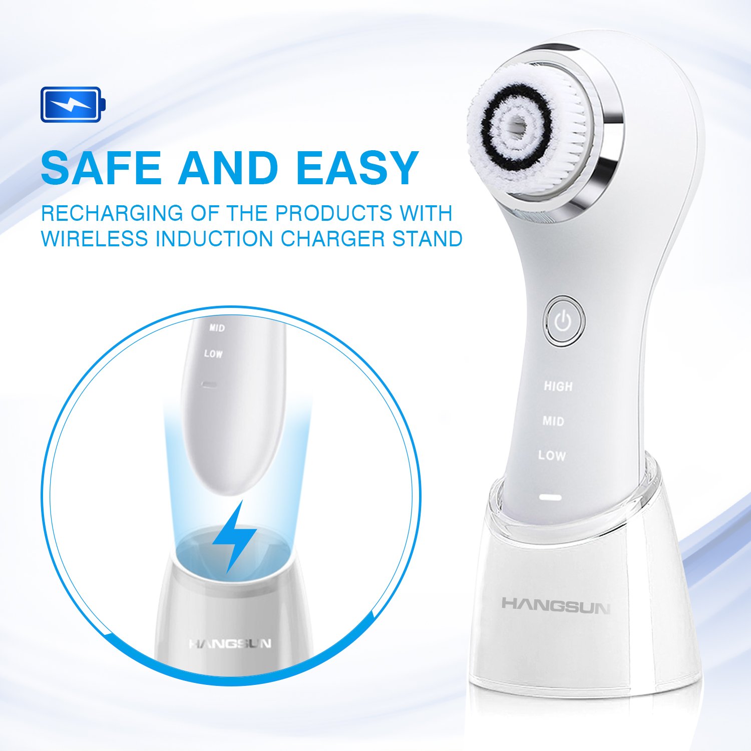 Hangsun Facial Cleansing Brush Sonic Vibrating Face Brush Skin Care for Cleaning Exfoliating and Massaging with Wireless Charging, IPX7 Waterproof, 3 Speed Settings: Beauty