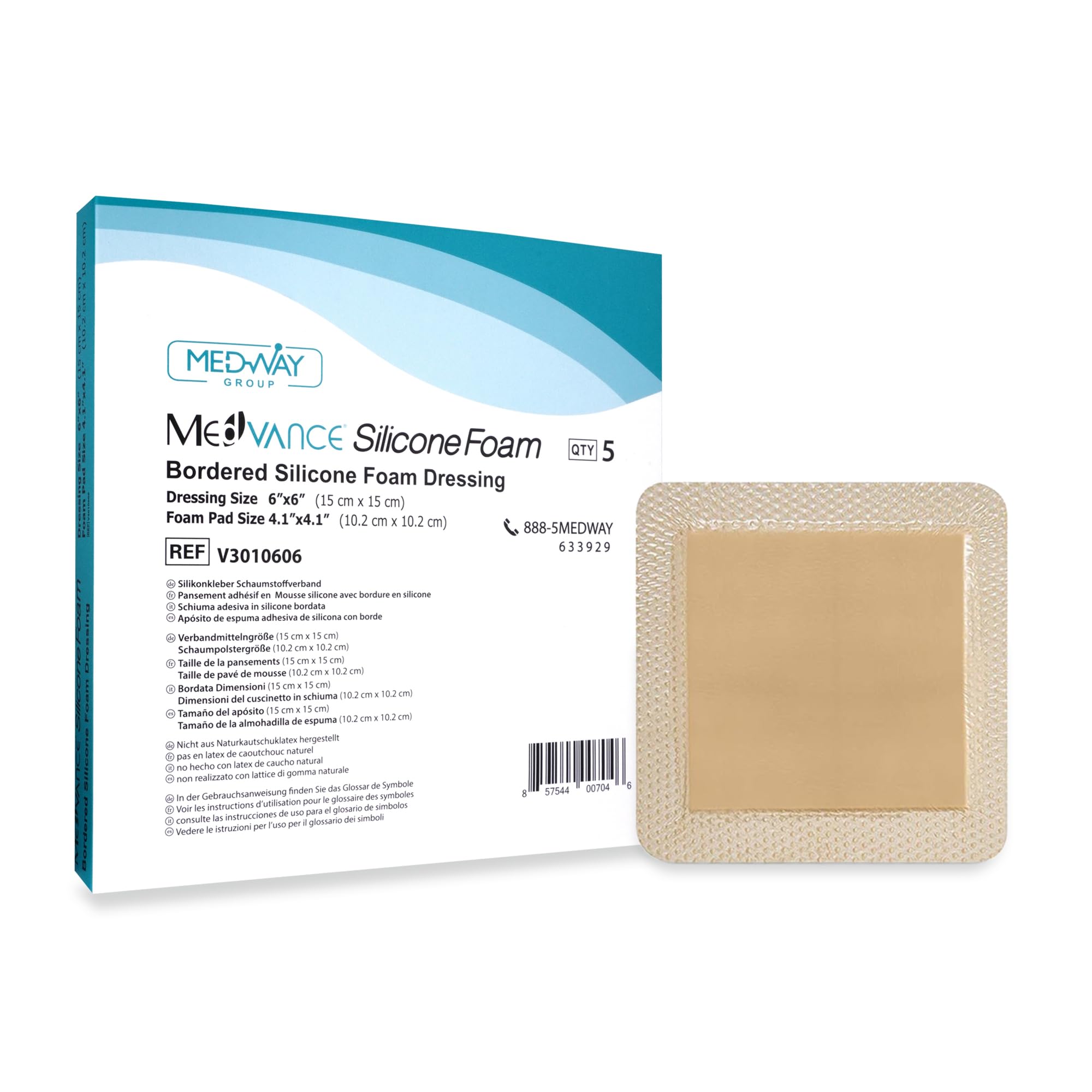 MedVanceTM Silicone - Bordered Silicone Adhesive Foam Dressing Size 15 cm x 15 cm (10 cm x 10 cm pad), Box of 5 dressings