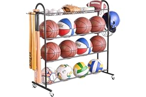 PLKOW Basketball Rack, Rolling Ball Storage with Baseball Bat Holder and Hooks, Sports Equipment Storage with Wheels for Volleyball, Football and Basketball Accessories, Powder Coated Steel