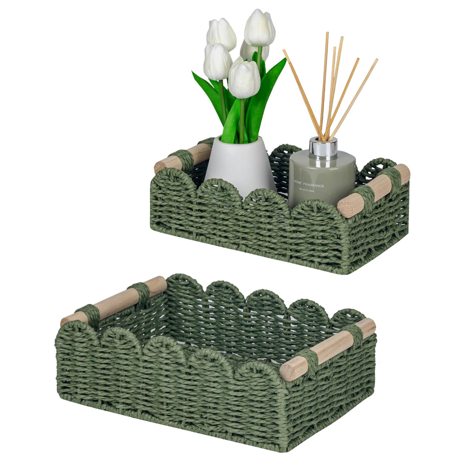 Photo 1 of CubesLand Scalloped Edge Decor Baskets for Home, Living Room, Toilet Paper Storage Basket for Over Toilet Shelf, End Table,Shelves and More, Small Paper Rope Baskets Both Storage&Decor, Set 2 Green
