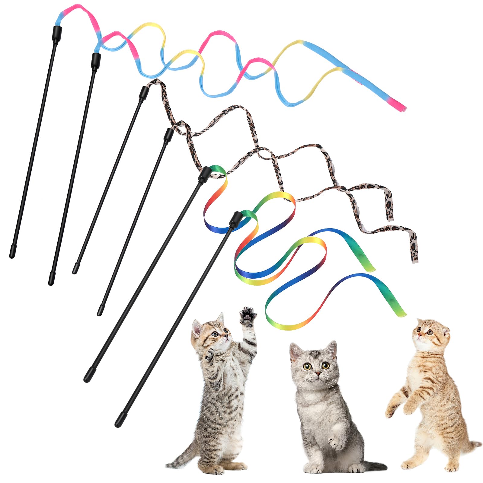 Cobee 6 Packs Cat Wand Toy Set, 30cm Cat Interactive Wand with 60cm Rainbow Ribbon String+ Rainbow Cloth String + Leopard Print Cloth String for Pet Kitten Training Exerciser Kitten Catcher(6 Pcs)