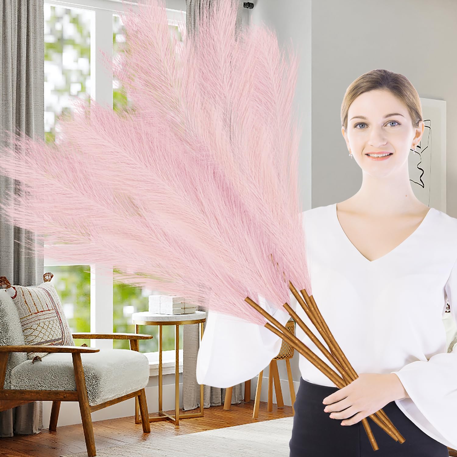 Lighterday 7 Pcs Pampas Grass Artificial 38"/97cm Large PampasGrass Dried Tall Pampas Grass Floor Vases Fluffy Faux PampasGrass for Wedding Living Room Bedroom Boho Home Decor (Pink)