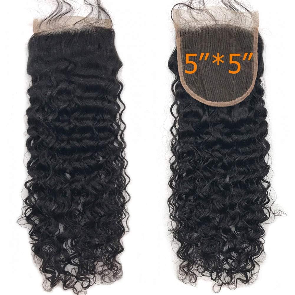 FDshine 5x5" Deep Wave Lace Closure Brazilian Virgin Human Hair Deep Curly Free Part Top Closure with Baby Hair (18", Natural Color)