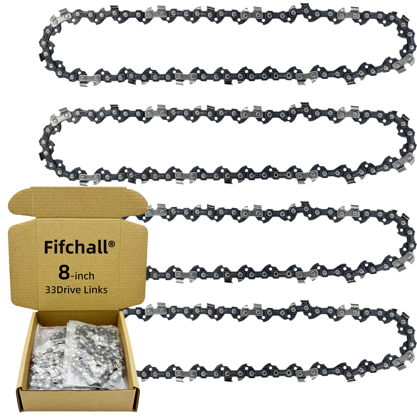 Photo 1 of 4 Pack 8 Inch Chainsaw Chain 3/8" LP Pitch .050" Gauge 33 Drive Links, 8 Inch Replacement Pole Saw Chains Compatible for Sun Joe SWJ800E SWJ806E, Chicago, Portland 62896, Greenworks, Oregon S33