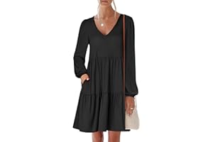 ANRABESS Womens Long Sleeve Dress 2025 Fall Casual V Neck Tiered Flowy Short Dresses Beach Travel Vacation Outfits