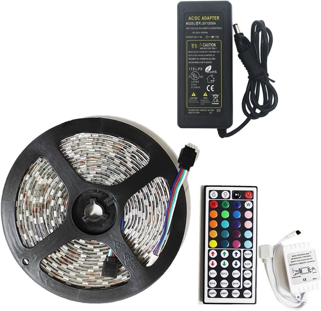 LED Strip Lights Kit 16.4ft/5M Flexible Waterproof IP65 5050 RGB 300 LEDs 12v Light Full Kit RGB LED Strips Lighting With 44Key IR Remote and DC 12V 5A Power Adapter Supply for DIY Party Decoration Home Kitchen Cabinet Closet Party KTV Studio Wedding Girls Room Decoration and Indoor Outdoor Use