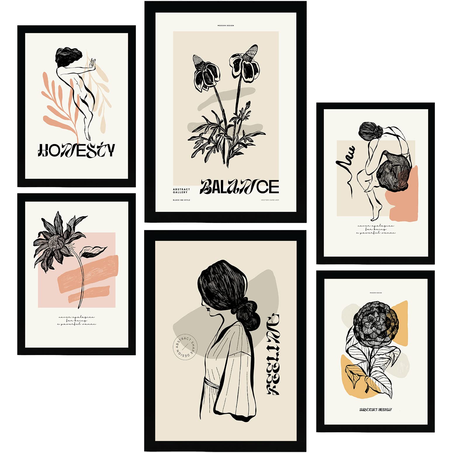 Nacnic Set of 6 Thick Black Ink Posters. Feelings. Artistic Sketch Aesthetic Wall Art Prints for Interior Design and Decoration. Sizes A3 & A4. Unframed.