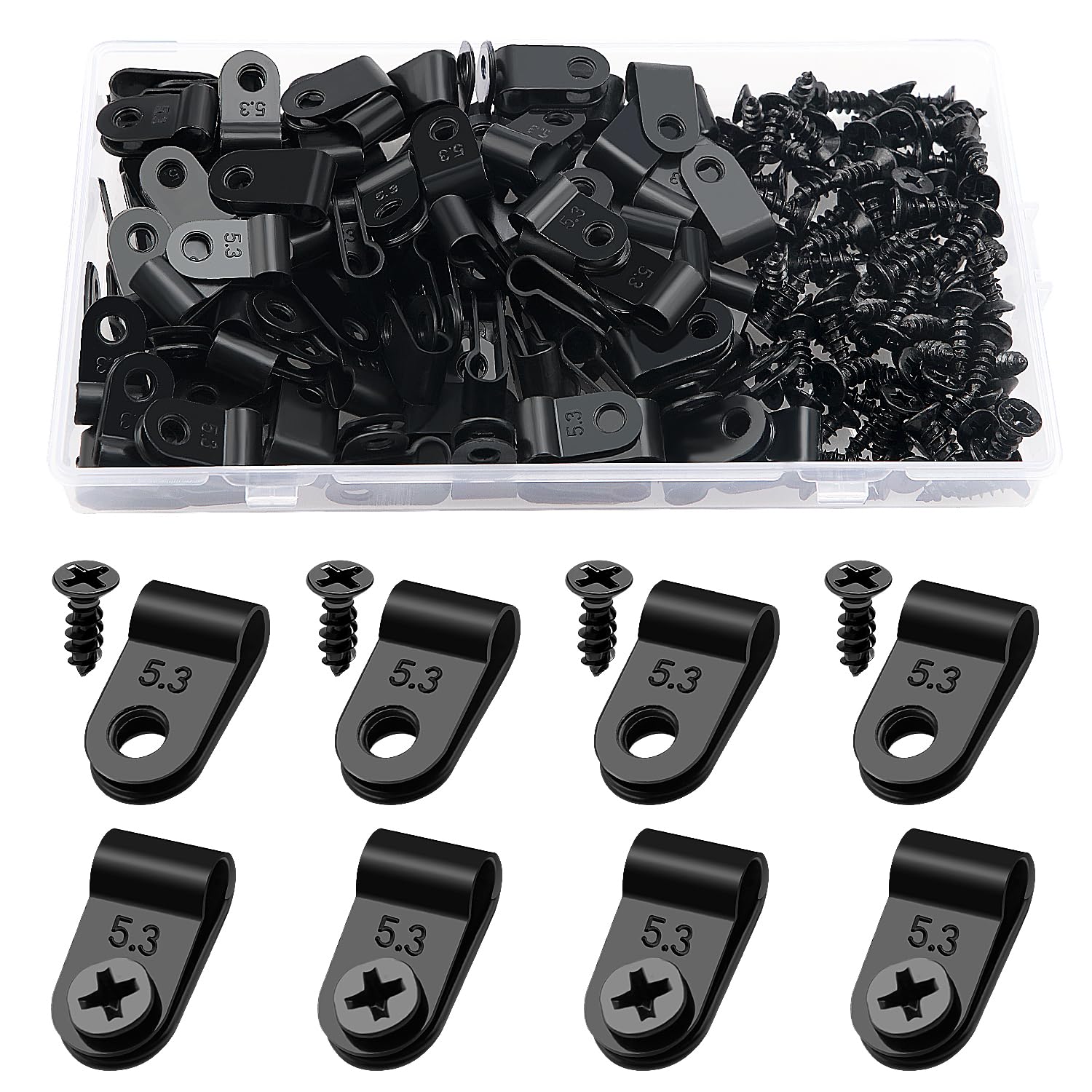 VooGenzek 100 PCS 3/16 Inch R-Type Cable Clip Wire Clamp, Nylon Screw Mounting Cord Fastener Clips with 100 PCS Screws, for Wire Management (Black)