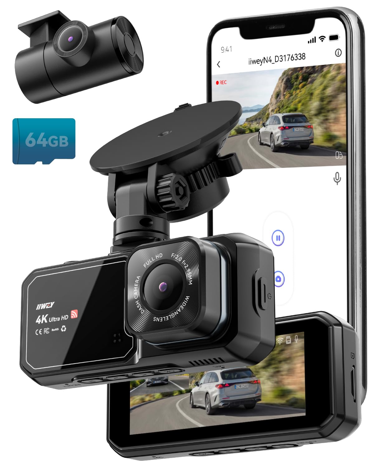 Photo 1 of IIWEY 4K Dash Cam Front and Rear for Cars, Dual UHD Camera with WiFi, Free 64GB Card, 3.16" IPS, G-Sensor, Parking Mode, Loop Recording, WDR