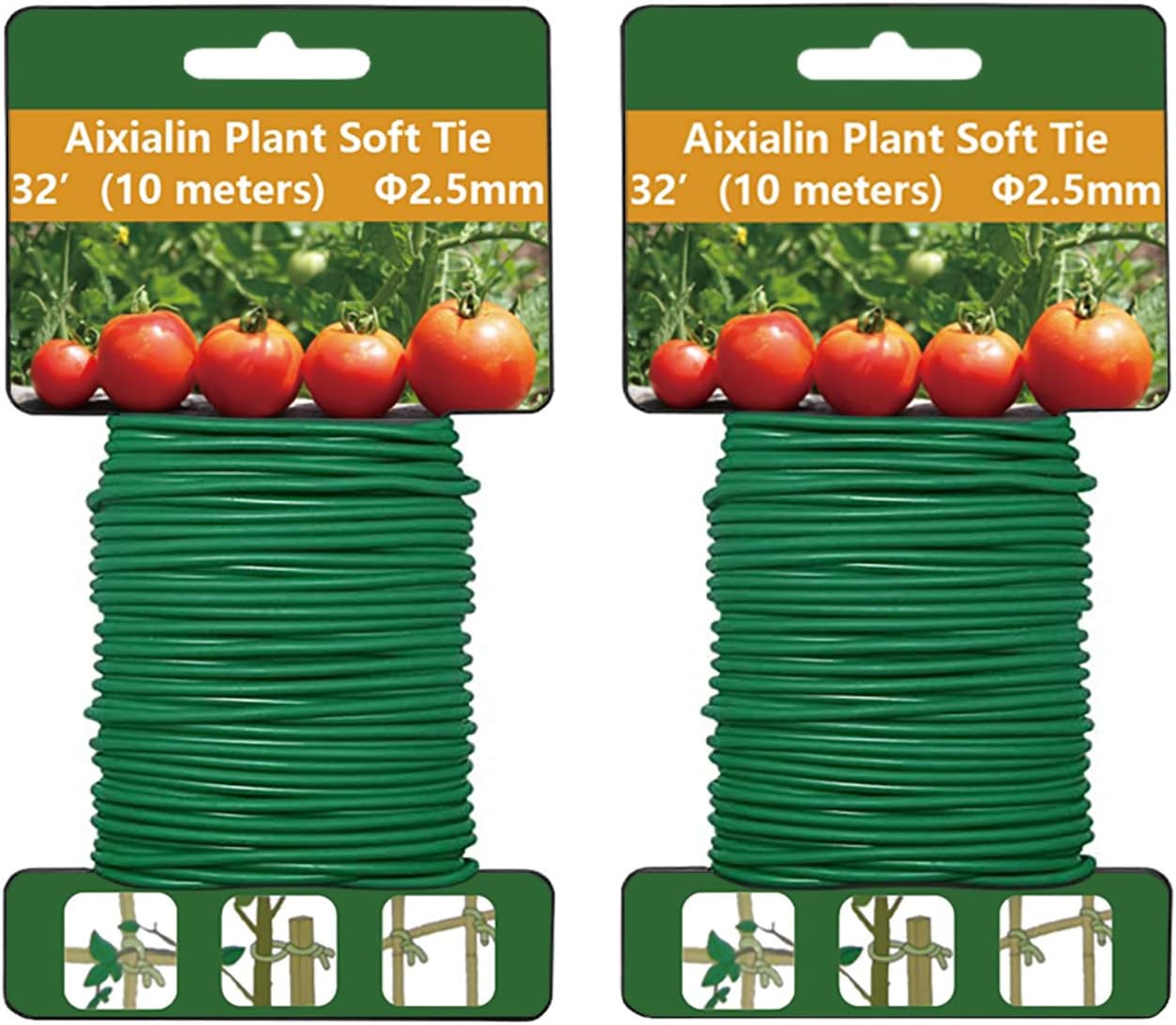 Aixialin Plant Ties 2 Pack Total 65.6FT, Green Soft Garden Wire Twist Ties Reusable Flexible Garden Twine Heavy Duty Rubber Plant Ties for Supporting Tomato Cages, Vines, Cables, Home & Office Use